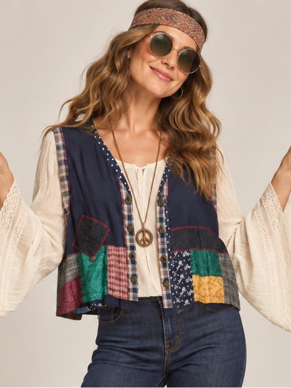 Shelly & Arnold Patchwork Vest Size L Hippie Halloween Costume